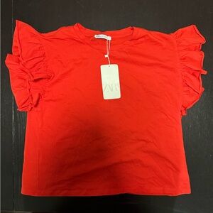 Zara Red Short Sleeve Ruffle Top